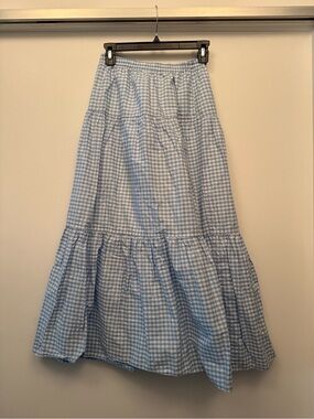 Aritzia Sunday Best Light Blue Gingham Tiered Maxi Skirt, size XS